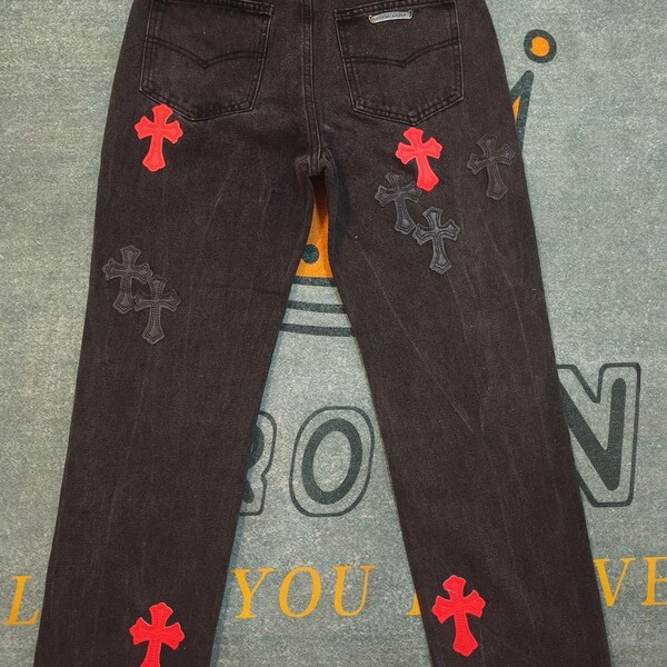 Black and red cross jeans, punk high street jeans, chrome style jeans, teen jeans