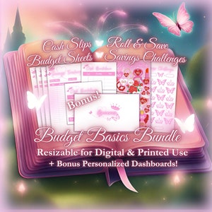 May include: A pink and white printable budget planner bundle with a princess theme. The bundle includes cash slips, budget sheets, roll and save savings challenges, and bonus personalized dashboards.