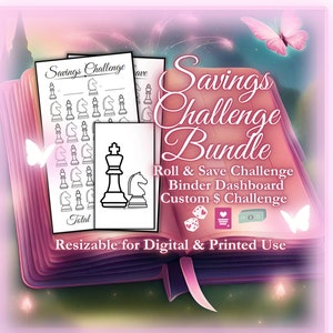 Peut inclure: Un livre illustré rose et violet avec un papillon blanc sur la couverture. Le livre porte le texte "Savings Challenge Bundle" et "Roll & Save Challenge Binder Dashboard Custom $ Challenge". Le texte "Resizable for Digital & Printed Use" est en bas du livre.