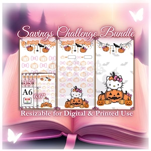 May include: A printable Halloween savings challenge bundle with three pages. The pages feature a pink and orange color scheme with a Hello Kitty character, pumpkins, and bows. The text "Savings Challenge" is at the top of the page. The pages are designed to be printed on A6 paper, which is 3.5 inches by 6.6 inches.