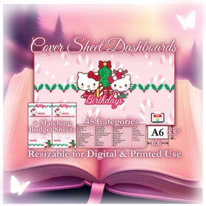 May include: Pink and green printable budget dashboard with Hello Kitty characters and a Christmas tree. The dashboard is titled "Birthdays" and includes 45 categories for budgeting. The dashboard is also available in A6 size (6.6 inches by 3.5 inches) and includes matching budget sheets.
