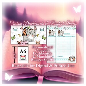 Puede incluir: Un conjunto de hojas de presupuesto y tableros de control imprimibles de tamaño A6 con un lindo gato de dibujos animados con alas de mariposa. Las hojas son personalizables y se pueden usar para uso digital o impreso. El texto en la imagen dice "Kitty Cat" y "Tableros de control de categoría personalizados y hojas de presupuesto coincidentes".