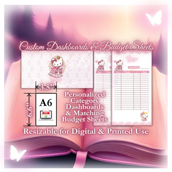 Custom Personalised Kitty Coquette Queen Category Dashboard Cover Sheets & Matching Budget Sheets | A6 Inserts | Resizable and Printable