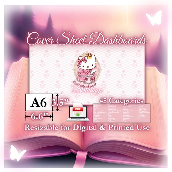 Kitty Coquette Binder Dashboard Cover Sheets | 45 Cute and Pink A6 Binder Cash Envelope Inserts | All Currencies | Resizable and Printable