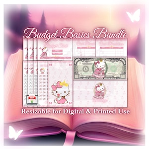 May include: A pink and white printable budget basics bundle featuring a cartoon character with a crown and a pink dress. The bundle includes a budget sheet, cash tracker, and cash breakdown. The text "Budget Basics Bundle" is at the top of the image. The text "Resizable for Digital & Printed Use" is at the bottom of the image.