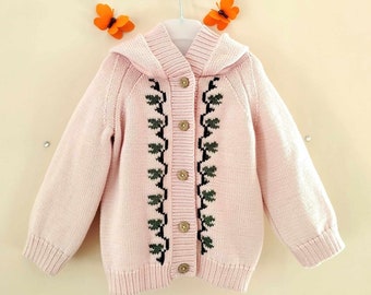 Adorable Pink Toddler Hooded Cardigan with Embroidered Ivy Leaf - Baby Girl Jacket, Age 1 Gift - Ready to Ship