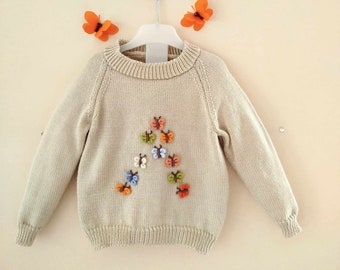 Personalized Embroidered Toddler Sweater with Initials - Beige Butterfly Sweater - Custom Baby and Kids Gift