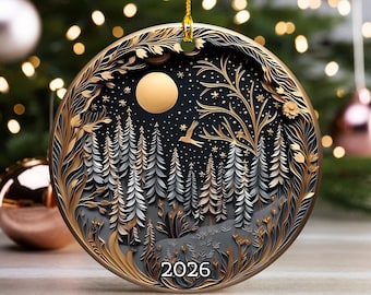 2026 Christmas Ornament – Night Forest Scene with Moon and Stars – Elegant Black and Gold Tree Decor – Winter Holiday Keepsake Gift