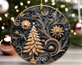 Christmas Tree Ornament 2026, Elegant Gold Swirl Decoration, Holiday Keepsake Ornament, Black and Gold Tree Decor, Gift Idea