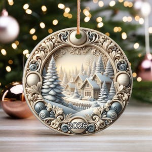 May include: A round ceramic ornament featuring a winter landscape with snow-covered houses and pine trees. The border has an intricate cream and blue scrollwork design. The year 2026 is printed at the bottom. It hangs from a thin gold cord.