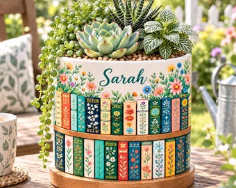 Custom Name With Flower Bookish Plant Pot, Vintage Bookshelf Library, Reading Lover Desk Decor, Bookish Gift for Her, Teacher Gift