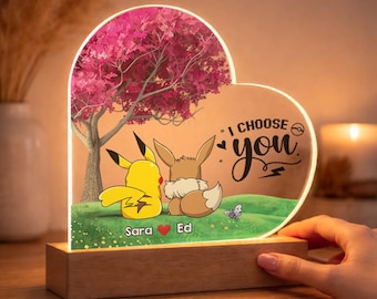 Custom Pokemon Cherry Blossom, Personalized Acrylic Night Light, Anniversary Valentine Gift, Pokemon Couple's, Led Light Gift For Boyfriend