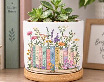 Floral Book Lover Flower Pot, Book Vintage Plant Pot Succulent Planter, Librarian Gift, Ceramic Pot, Bookish Gift, Book Club Gift For Her