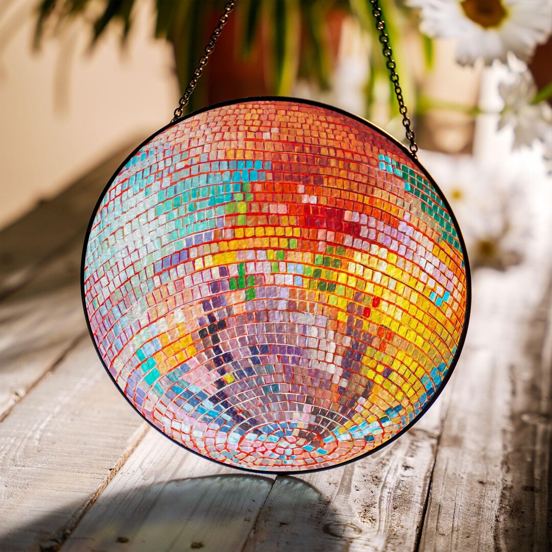 Rainbow Mosaic Suncatcher, Disco Ball Window Hanging, Colorful Glass