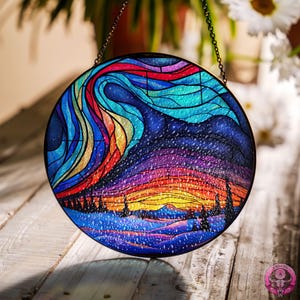 Northern Lights Window Glass Suncatcher, Stained Glass Style, Aurora Borealis Window Hangings, Wall Decor, Gift For Christmas