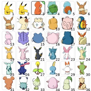 May include: A collection of 36 colorful cartoon character illustrations, each set within a white square. The characters are in various poses and colors, including yellow, orange, green, blue, pink, and brown. The image is a grid of cartoon figures.