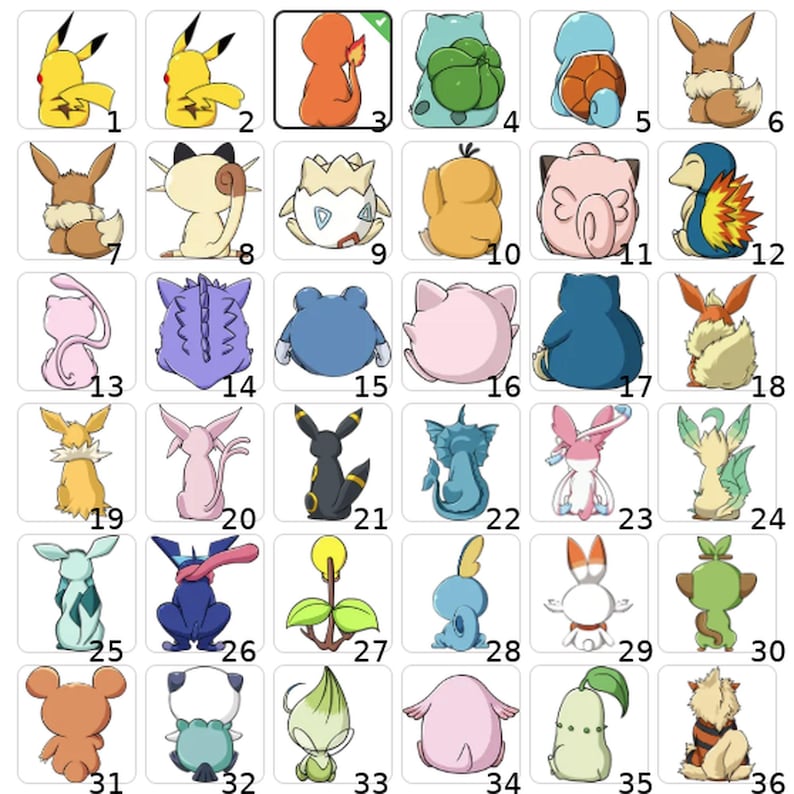 May include: A collection of 36 colorful cartoon character illustrations, each set within a white square. The characters are in various poses and colors, including yellow, orange, green, blue, pink, and brown. The image is a grid of cartoon figures.