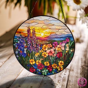 Sunset Wildflowers Suncatcher, Window Stained Glass Style, Gift For Mom, Grandma, Window Hangings, Home Decor, Flowers Suncatcher Gift