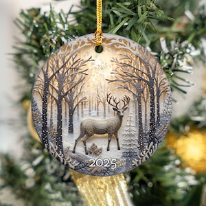 Deer Forest Christmas Ornament 2025, Elegant Winter Scene Ceramic Ornament, Snowy Woodland Decor Gift, Holiday Keepsake for Nature Lovers