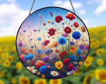 Flower Window Stained Glass, Wildflower Suncatcher Hanging, Home Decor, Window Hanging, Gift For Mom, Grandma, Gardening Lover