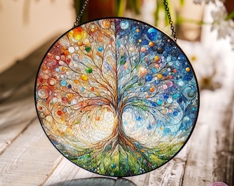 Stamboom Suncatcher, glas-in-loodraam, woondecoratie voor ramen, natuurraam hangend, lichtvanger cadeau voor familie, cadeau voor moeder