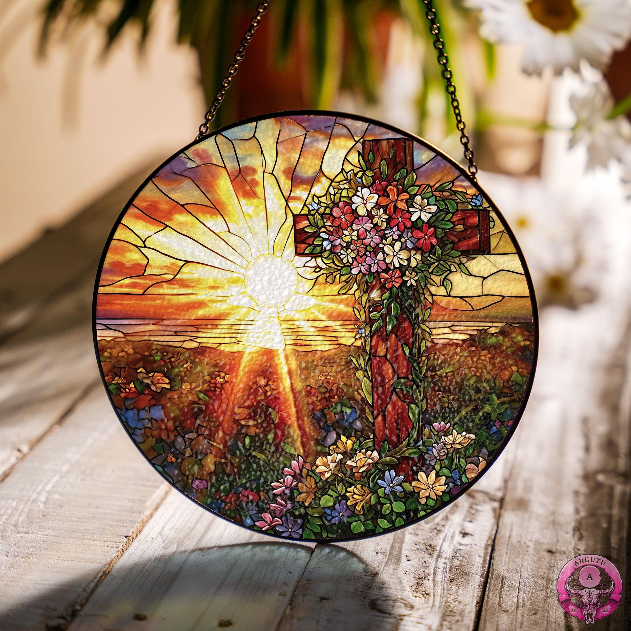 Risen Christ Cross Sunset Wildflowes Window Glass, Suncatcher Window ...