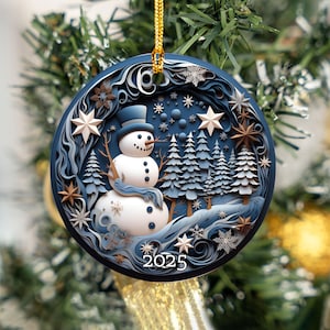 Vintage Snowman Ornament, 2025 Christmas Ornaments, Christmas Decoration, 2025 Gift Ornament, 3D Effect, Round Ceramic, Christmas Tree