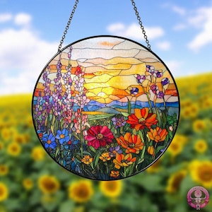 Colorful Wildflowers Suncatcher, Window Stained Glass, Sunset Home Decor, Window Hangings, Wall Decor, Flowers Suncatcher Gift