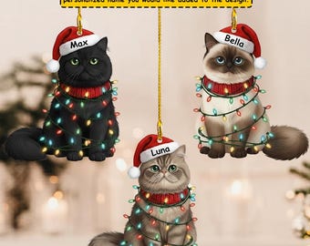 Cute Christmas Cat Ornaments with Santa Hats, Custom Pet Ornament, Cat Lover Holiday Gift, Cat Keepsake, Cat Mom Gift, Black Cat Ornament
