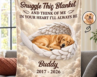 Personalized Pet Remembrance Angel Wings Photo Blanket, Custom Dog Loss Memorial Blanket, Pet Loss Sympathy Gift, Dog Memorial Gift