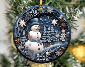 ヴィンテージスノーマンオーナメント、2026年クリスマスオーナメント、クリスマスデコレーション、2026年ギフトオーナメント、3D効果、丸型セラミック、クリスマスツリー