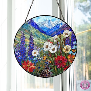 Mountain Flower Window Stained Glass, Suncatcher Window Hanging, Wildflower Suncatcher, Indoor Decor, Gift For Botanical, Wall Hanger