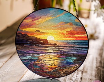 Sun Beach Suncatcher For Window Decor, Sunset Stained Glass, Window Hangings, Gift For Family Friend, Birthday Gift, Christmas Gift