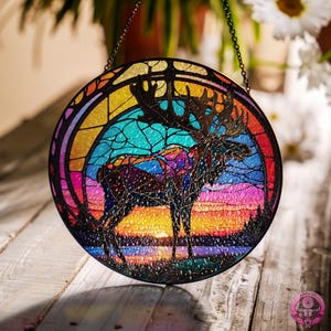 Deer Sunset Window Suncatcher Glass, Deer Lover Decor, Deer Window Hanging, Deer Hunter Gift, Indoor Decor, Stained Glass Wall Hangings