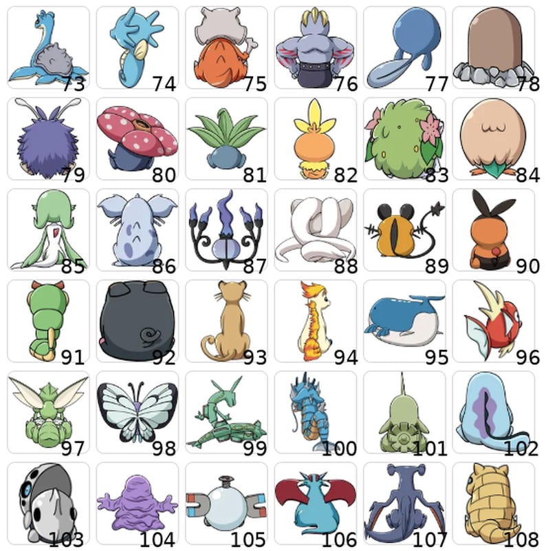 May include: A grid of colorful cartoon character illustrations, each with a unique design. The characters are numbered from 73 to 108, featuring various shapes, colors, and styles, suitable for stickers or prints.