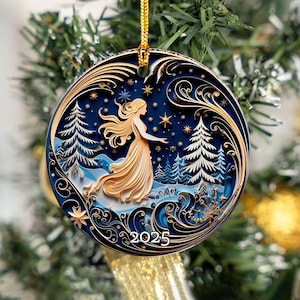 2025 Ornament, Christmas Ornaments, Christmas Decoration, 2025 Gift Ornament, Stained Glass-Look Ornament, Round Ceramic, Christmas Tree