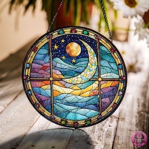 Sun And Moon Suncatcher, Window Faux Stained Glass, Light Catcher For Window Hangings, Celestial Wall Art, Christmas Gift, Indoor Decor