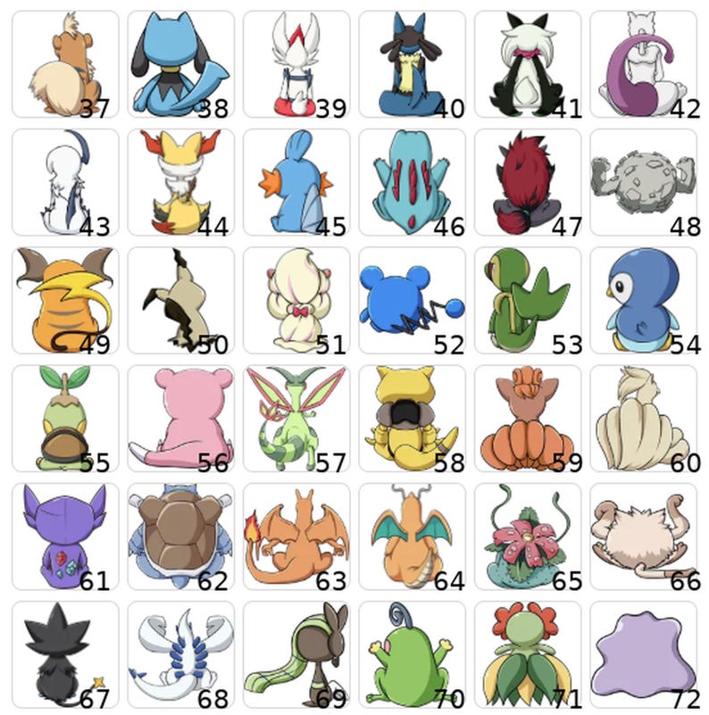 May include: A grid of 36 colorful cartoon character illustrations, each with a unique design. The characters are in various poses and colors, including blue, red, green, and yellow. Each character has a number from 37 to 72.