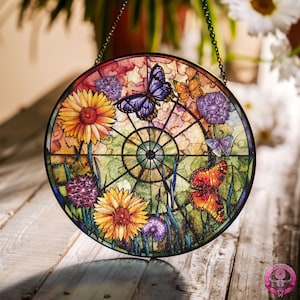 Plants And Butterfly Stained Glass Suncatcher Window Decoration, Gift For Garden Lover, Light Catcher Sun Room Decor, Wall Hanger