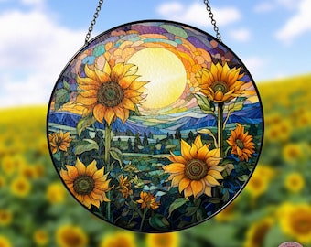 Sunflowers Window Stained Glass, Sunflowers Suncatcher, Flower Garden Gift Home Decor, Birthday Gift, Window Hanging, Indoor Decor