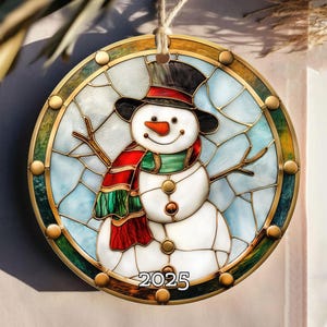 2025 Snowman Ornament, Stained Glass Christmas Tree Decoration, Cute Winter Holiday Decor, Ceramic Snowman Gift, Xmas Keepsake