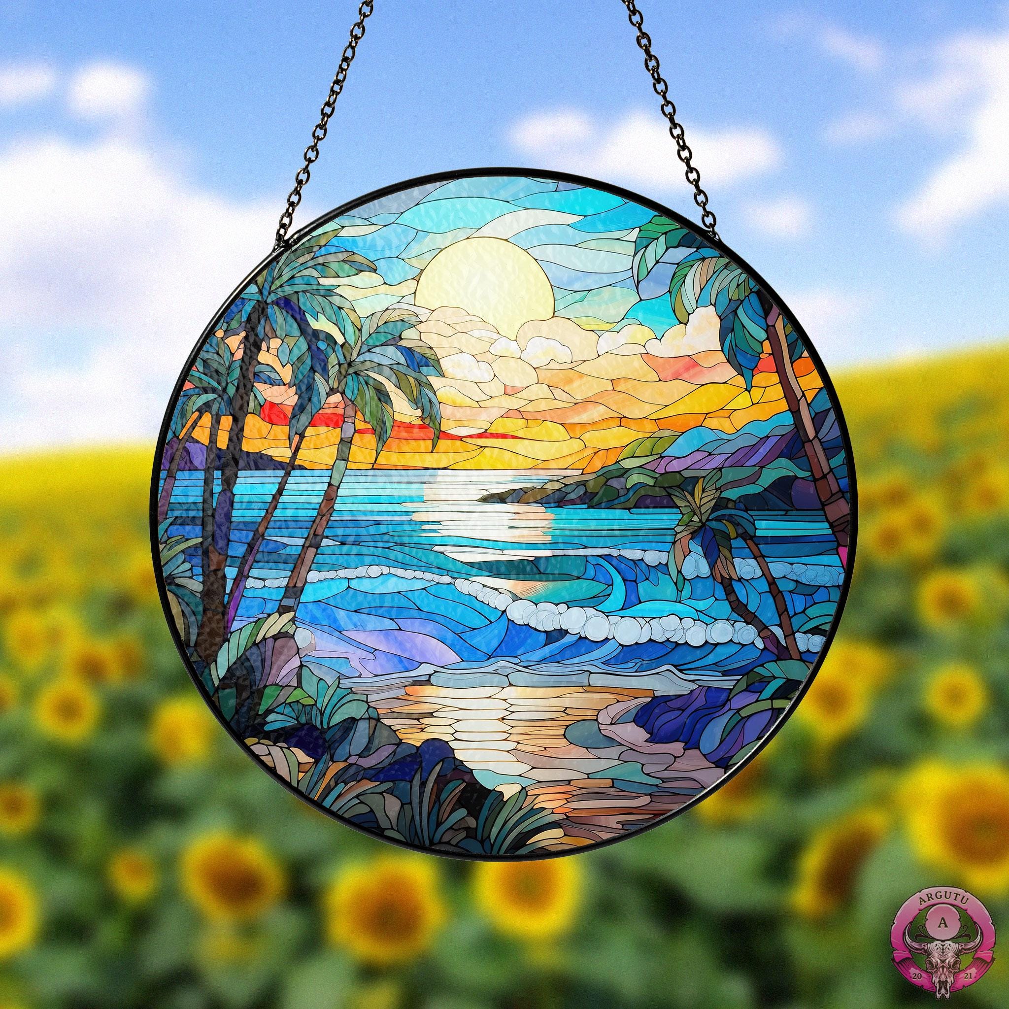 Beach Sunset Stained Glass, Suncatcher Window Hanging, Wave Glass Decor ...