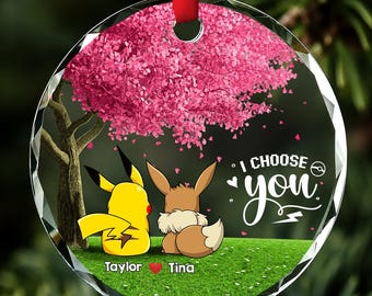 Personalized Pokemon Couple Glass Ornament, Custom Poke Couple Christmas Gift, Anniversary Christmas Gift for Boyfriend, Couples Decor