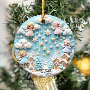 Christmas Angel Ornament 2025, Flying Angel Holiday Decor, Pastel Winter Scene, Cute Gingerbread Ornament, Kawaii Xmas Tree Decoration