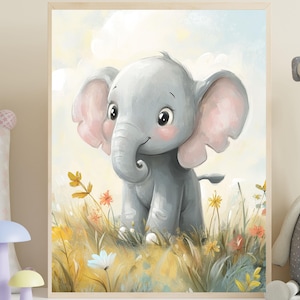 Aquarell Baby Elefant Kinderzimmer Druck - Pastell Dschungel Tier Wandkunst, süßer Elefant im Feld, digitaler Download für Babyzimmer