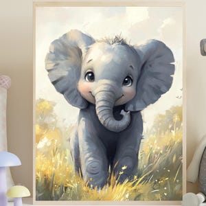 Aquarell Baby Elefant Kinderzimmer Druck - Pastell Dschungel Tier Wandkunst, süßer Elefant im Feld, digitaler Download für Babyzimmer