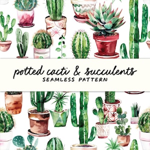 Watercolor Cactus and Succulent Seamless Pattern | Desert Plant Digital Paper | Boho Garden Printable | 12x12 JPG Background