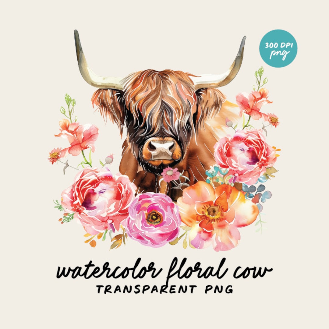 Watercolor Highland Cow Clipart | Floral Cow PNG | Rustic Cottagecore ...