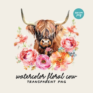 Clipart de Vaca das Terras Altas em Aquarela | Vaca Floral PNG | Arte Rústica de Vaca Cottagecore | Design de Animais de Fazenda para Imprimir