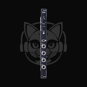 Peut inclure: Module LFO (oscillateur basse fréquence) noir pour synthétiseurs modulaires. Il comporte des boutons « Shape » et « Rate », ainsi que plusieurs prises d'entrée/sortie. Le texte « LFO » est imprimé en haut. Fond noir avec un motif de chat.